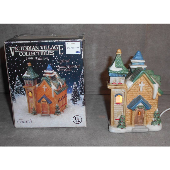 Victorian Village Collectibles 1993 Ed Church w/Box Lights Up Christmas Vintage - Picture 1 of 8